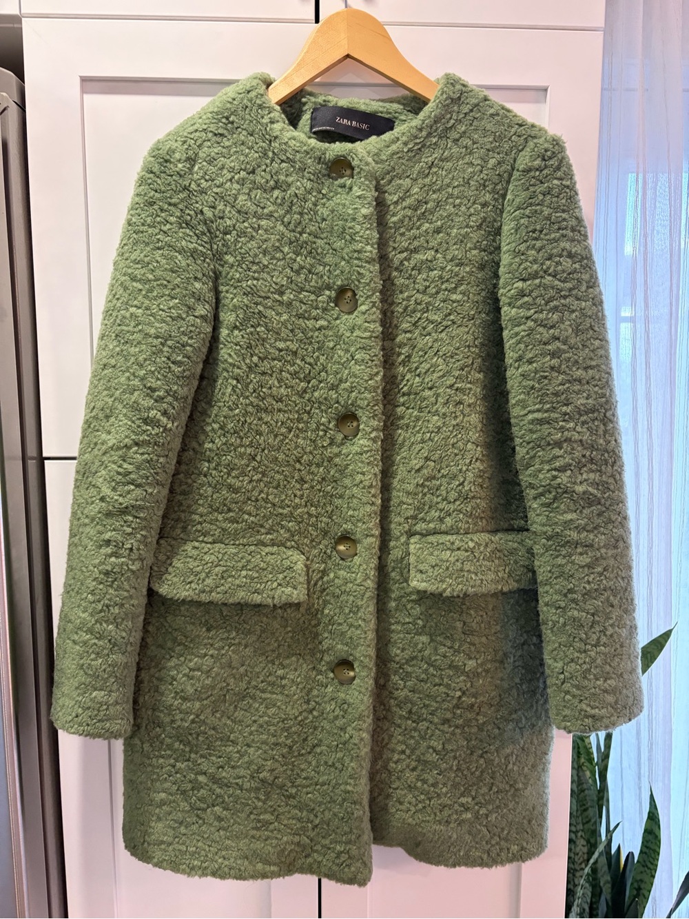Zara Green Teddy Bouclé Coat with Flap Pockets